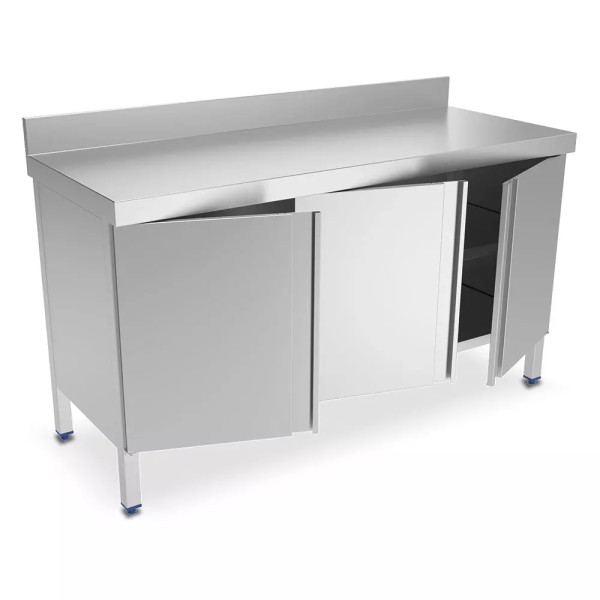 Edelstahl Arbeitsschrank mit Aufkantung und Flügeltüren - geöffnet