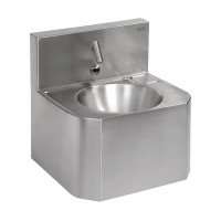 Vandelensicheres Edelstahl Waschbecken mit berührungsloser anti-suicide Armatur und Thermostatventil - 24 V Vandelensicheres Edelstahl Waschbecken mit berührungsloser anti-suicide Armatur und Thermostatventil - 24 V