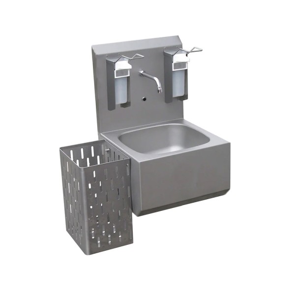 Monolithisches Edelstahl Waschbecken mit Armatur und Sensor in Rückwand, Spritzschutzwand, 2 Edelstahl Spendern 500 ml und Edelstahl Abfallbehälter 35 Liter