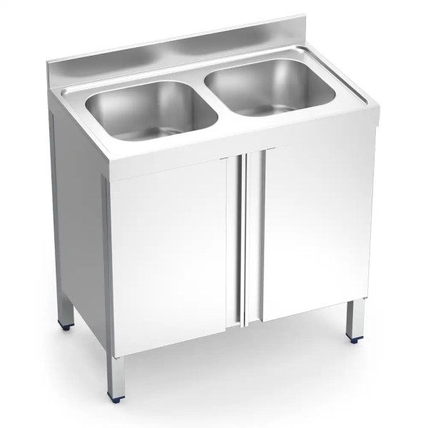 Edelstahl Spülschrank 100-140x60 mit 2 Becken ohne Abtropffläche - Flügeltüren