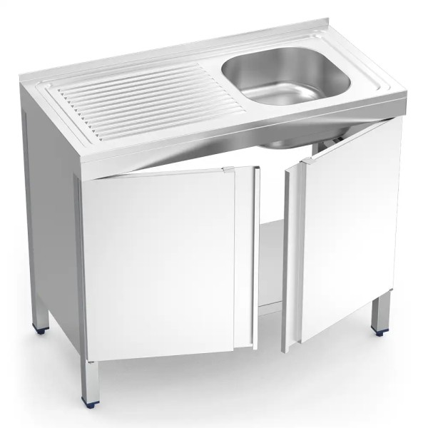 Spülschrank Edelstahl mit Becken rechts, Abtropffläche links und Flügeltüren