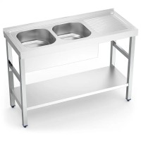 Spültisch aus Edelstahl mit 2 Becken, Grundboden und Abtropffläche rechts Spültisch aus Edelstahl mit 2 Becken, Grundboden und Abtropffläche rechts
