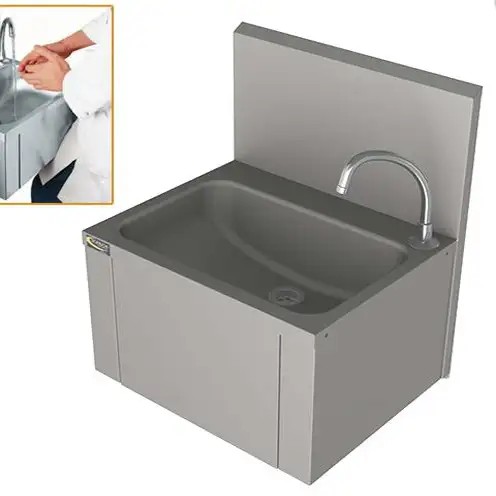 Edelstahl Handwaschbecken Kniebedienung CLINICUM02 mit Armatur und Rückwand