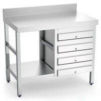 Edelstahl Arbeitstisch mit 4 Schubladen und Aufkantung, Breite 1000 mm Edelstahl Arbeitstisch mit 4 Schubladen und Aufkantung, Breite 1000 mm