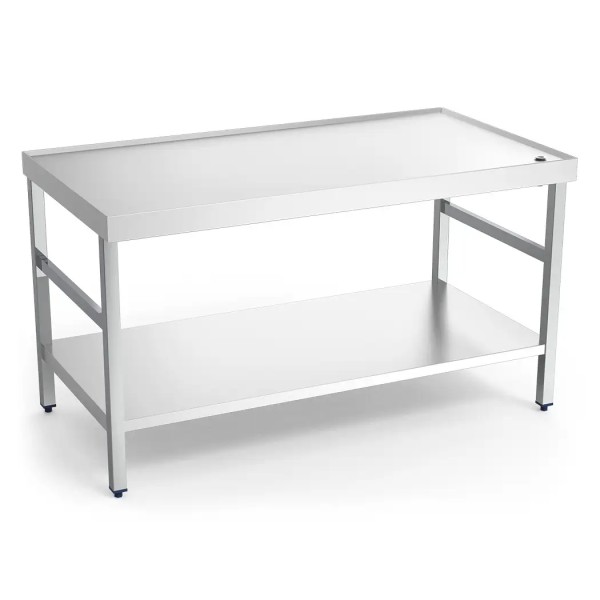 Edelstahl Arbeitstisch mit Rand, Abflussöffnung und Grundboden, 1500 mm