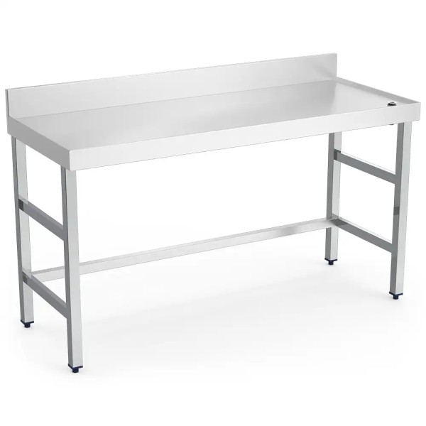 Edelstahl Arbeitstisch mit Abflussöffnung, Aufkanntung und Rand, 2000 mm