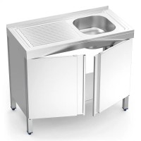 Vorschau: Spülschrank Edelstahl mit Becken rechts, Abtropffläche links und Flügeltüren Vorschau: Spülschrank Edelstahl mit Becken rechts, Abtropffläche links und Flügeltüren