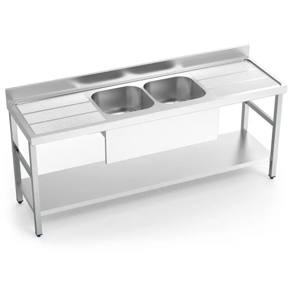 Edelstahl Spültisch mit 2 Becken, 2 Abtropfflächen und Grundboden