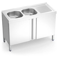 Edelstahl Spülschrank 120x50 cm, 2 Becken links, 1 Abtropffläche rechts, Flügeltüren Edelstahl Spülschrank 120x50 cm, 2 Becken links, 1 Abtropffläche rechts, Flügeltüren