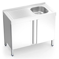 Spülschrank Edelstahl mit Becken rechts, Abtropffläche links und Flügeltüren Spülschrank Edelstahl mit Becken rechts, Abtropffläche links und Flügeltüren