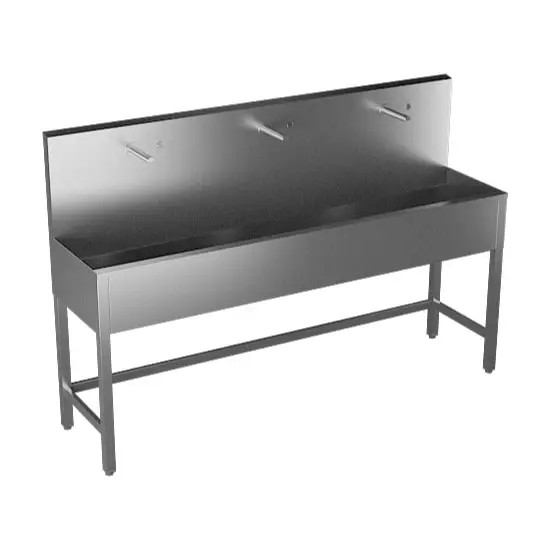 Edelstahl Waschrinne mit 3 Waschplätzen mit Piezo-Taster, bodenstehend