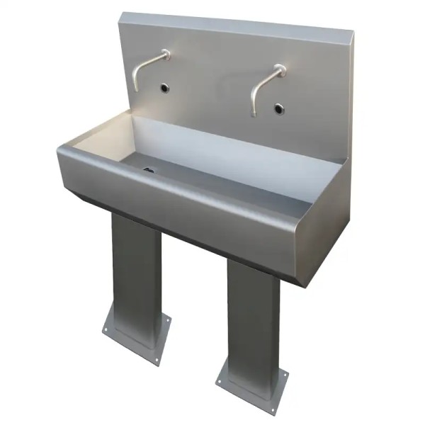 Waschrinne Edelstahl 1000 mm, 2 Sensor-Waschplätze, abegrundete Kante - bodenstehend