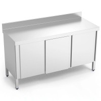Edelstahl Arbeitsschrank mit 3 Schiebetüren, Aufkantung und Zwischenboden, Breite 1500 mm Edelstahl Arbeitsschrank mit 3 Schiebetüren, Aufkantung und Zwischenboden, Breite 1500 mm