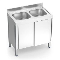 Edelstahl Spülschrank mit 2 Becken ohne Abtropffläche, 100-140x60 - Schiebetüren Edelstahl Spülschrank mit 2 Becken ohne Abtropffläche, 100-140x60 - Schiebetüren