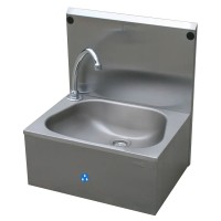 Edelstahl Waschbecken mit Armatur, hygienischer Rückwand und Thermomischer - Kniebedienung Edelstahl Waschbecken mit Armatur, hygienischer Rückwand und Thermomischer - Kniebedienung