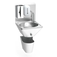 Edelstahl Handwaschbecken mit Seifen- und Handtuchspender und Papierkorb - Kniebedienung  Edelstahl Handwaschbecken mit Seifen- und Handtuchspender und Papierkorb - Kniebedienung
