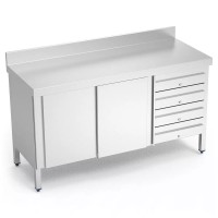 Edelstahl Arbeitsschrank mit 3 Schiebetüren, 4 Schubladen und Aufkantung, Breite 2000 mm Edelstahl Arbeitsschrank mit 3 Schiebetüren, 4 Schubladen und Aufkantung, Breite 2000 mm