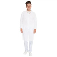 Besucherkittel mit Reißverschluss aus weißem PP-Vlies, mit Armbündchen und Stehkragen Besucherkittel mit Reißverschluss aus weißem PP-Vlies, mit Armbündchen und Stehkragen